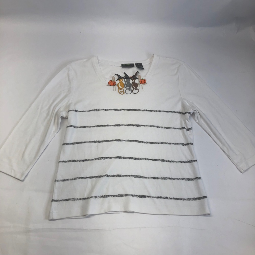 Onque Casuals Halloween Cats Boo Pumpkins Striped Long Sleeve Top‎